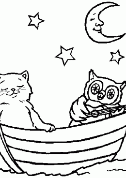 Раскраска Кот и сова в лодке