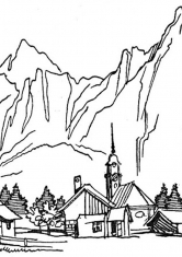 Раскраска Деревня в горах