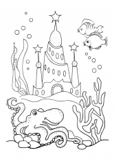 Раскраска Песочный замок и осьминог