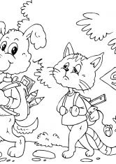 Раскраска Собачка, котик и мышка идут в школу
