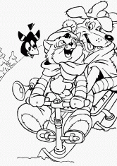 Раскраска Шарик и Матроскин на санках