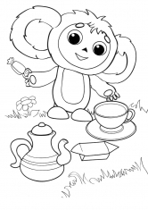 Раскраска Чебуршка пьет чай с конфетами
