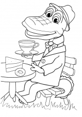 Раскраска Крокодил Гена пьет чай с тортом
